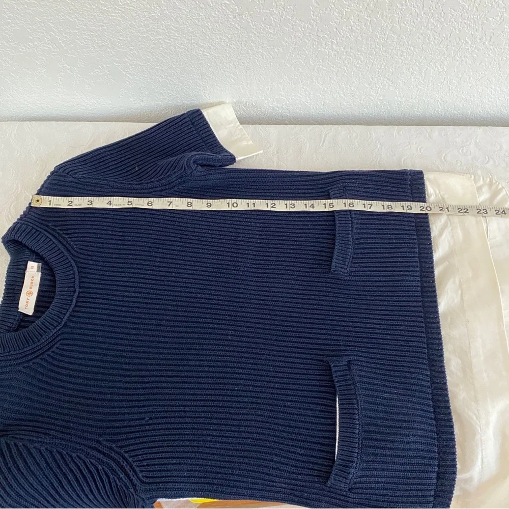 Tory Burch Navy Blue Ribbed Shirt layered Sweater